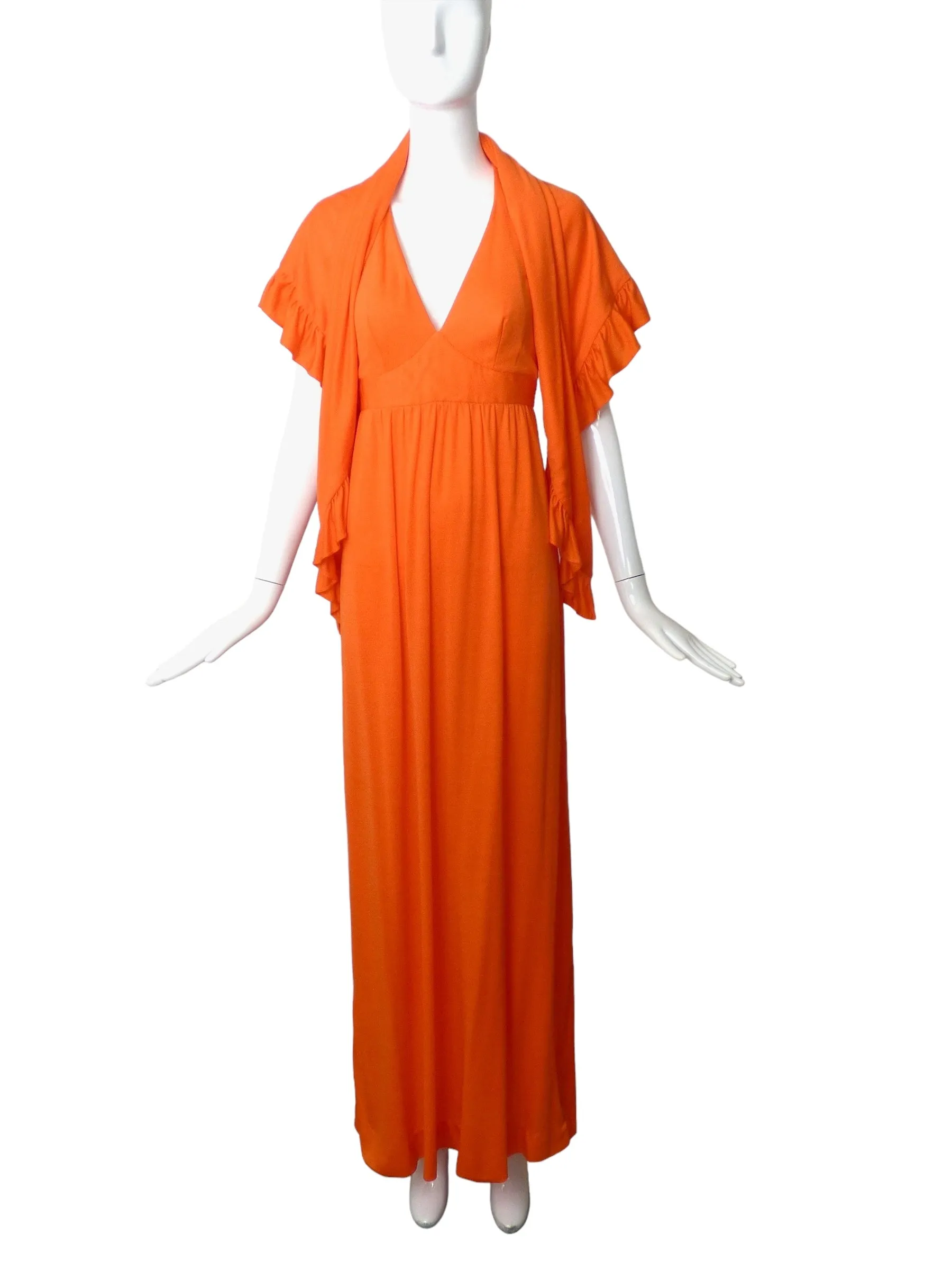 1970s Orange Knit Maxi Dress & Scarf, Size 6