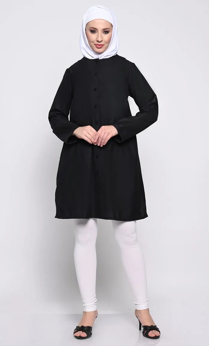 Classic Polyester Poplin Tunic with Full-Length Button Opening and Pleated Back Yoke