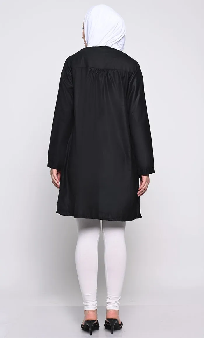 Classic Polyester Poplin Tunic with Full-Length Button Opening and Pleated Back Yoke