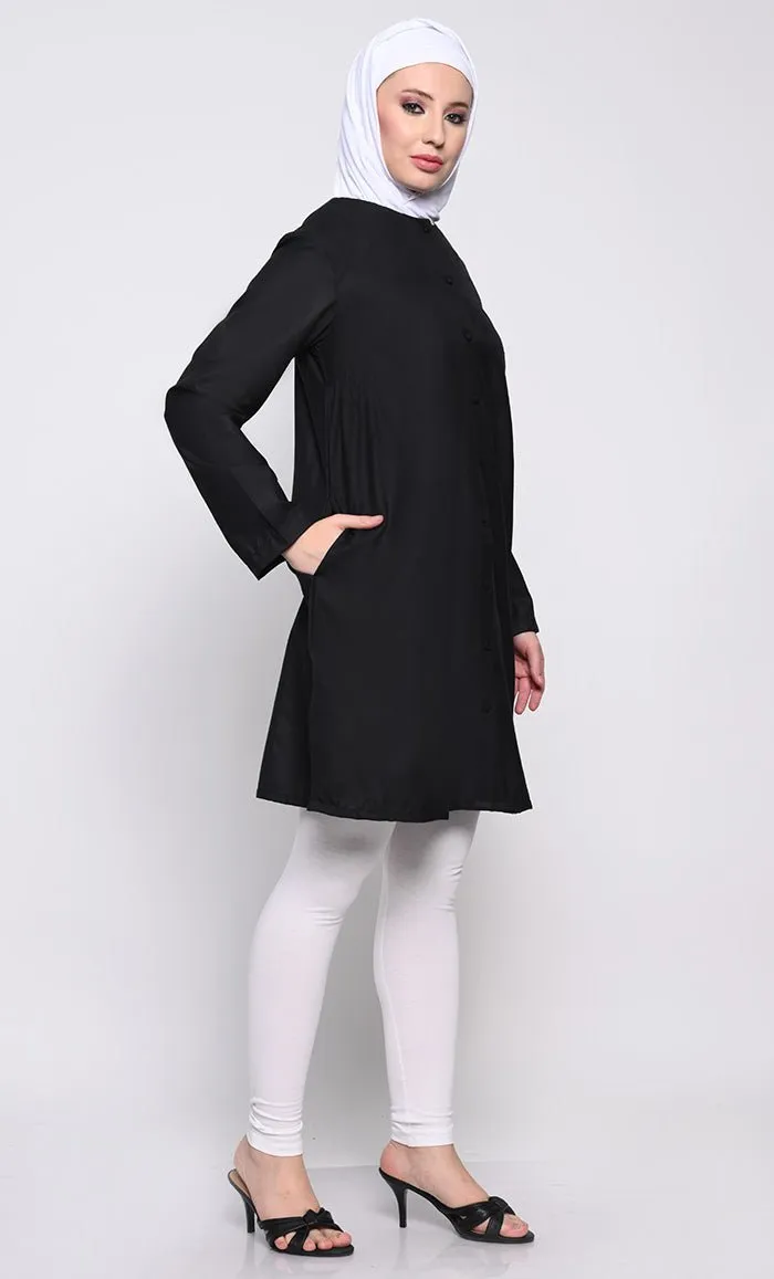 Classic Polyester Poplin Tunic with Full-Length Button Opening and Pleated Back Yoke