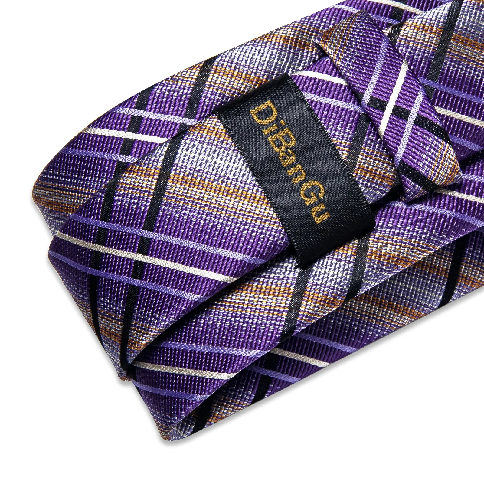 DiBanGu Mens Tie Purple Black Striped Silk Tie Handkerchief Cufflinks Set