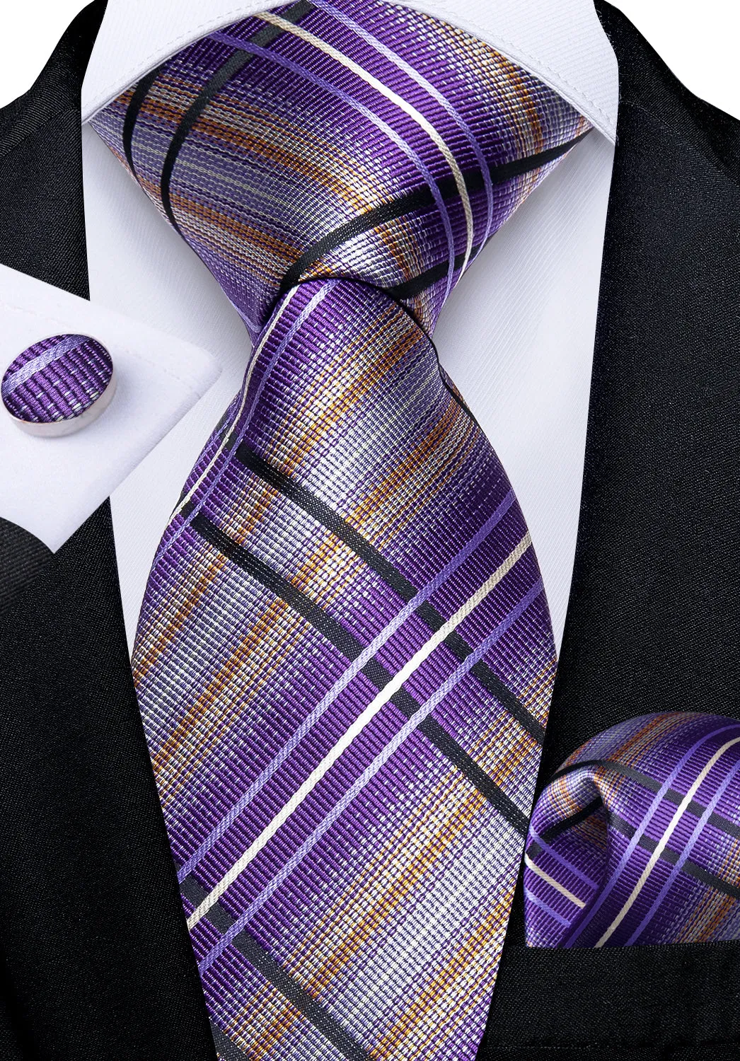 DiBanGu Mens Tie Purple Black Striped Silk Tie Handkerchief Cufflinks Set