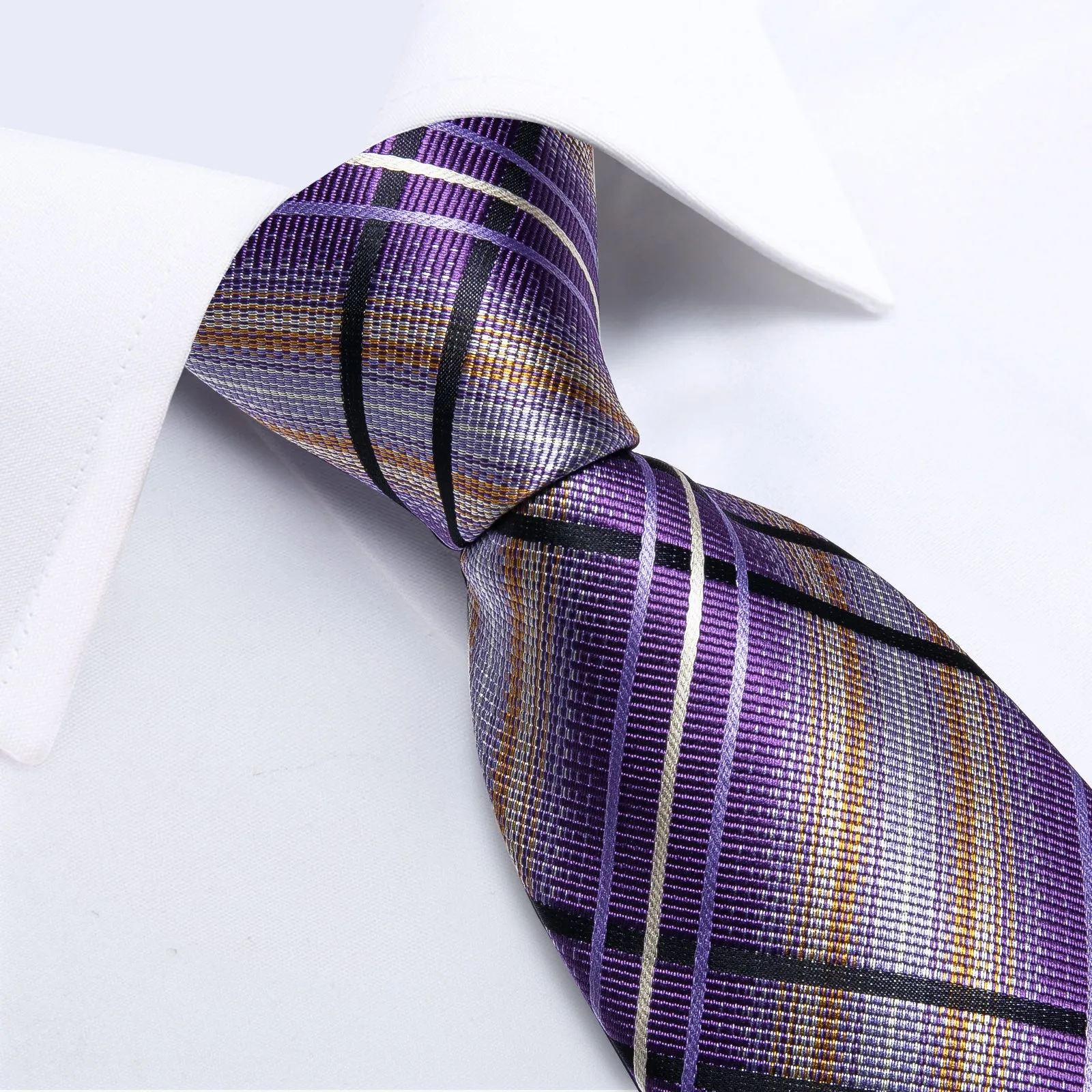 DiBanGu Mens Tie Purple Black Striped Silk Tie Handkerchief Cufflinks Set