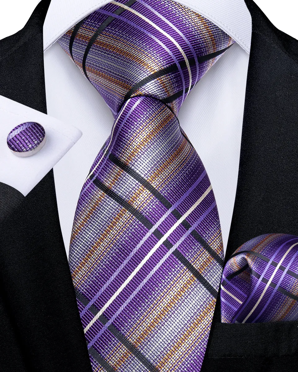 DiBanGu Mens Tie Purple Black Striped Silk Tie Handkerchief Cufflinks Set
