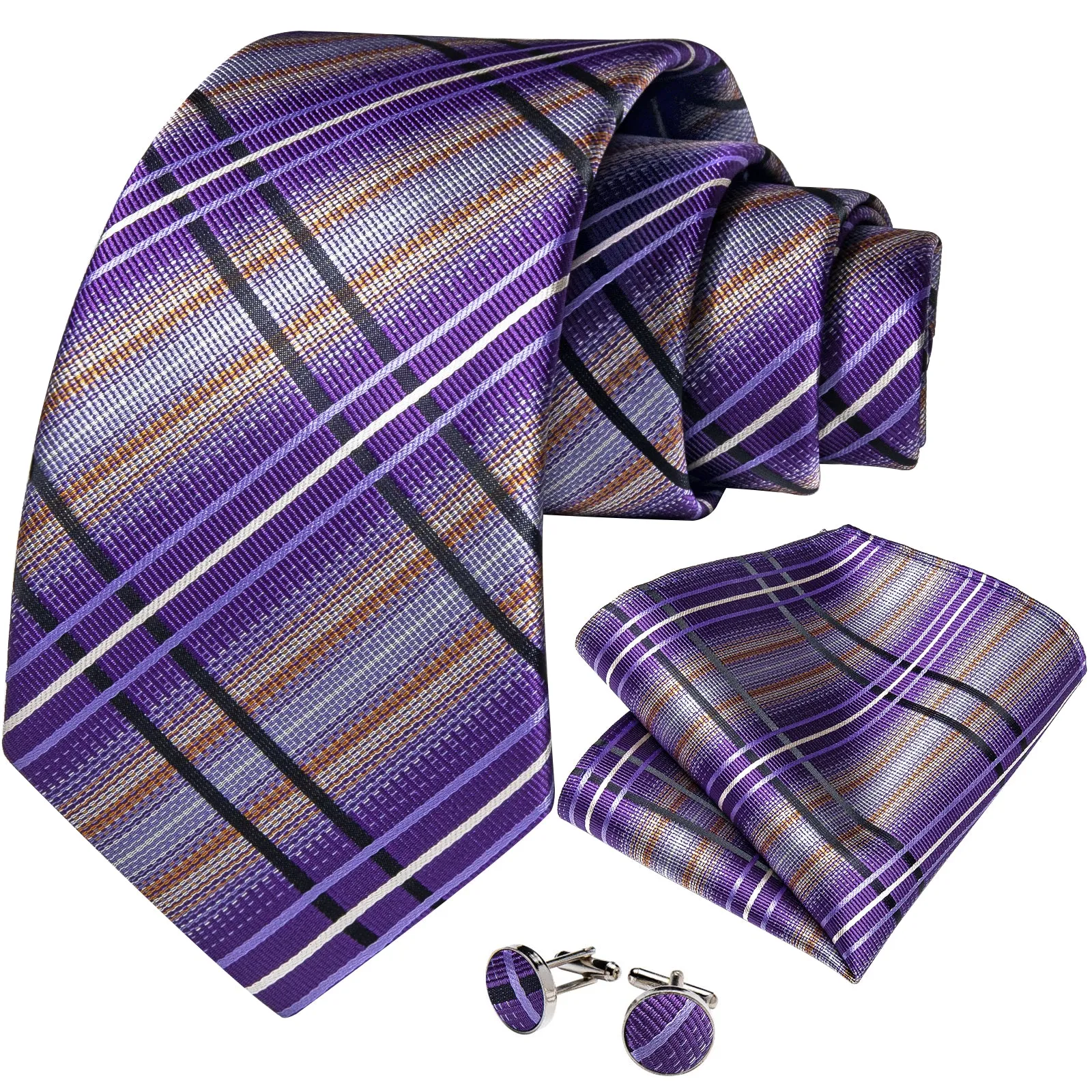 DiBanGu Mens Tie Purple Black Striped Silk Tie Handkerchief Cufflinks Set