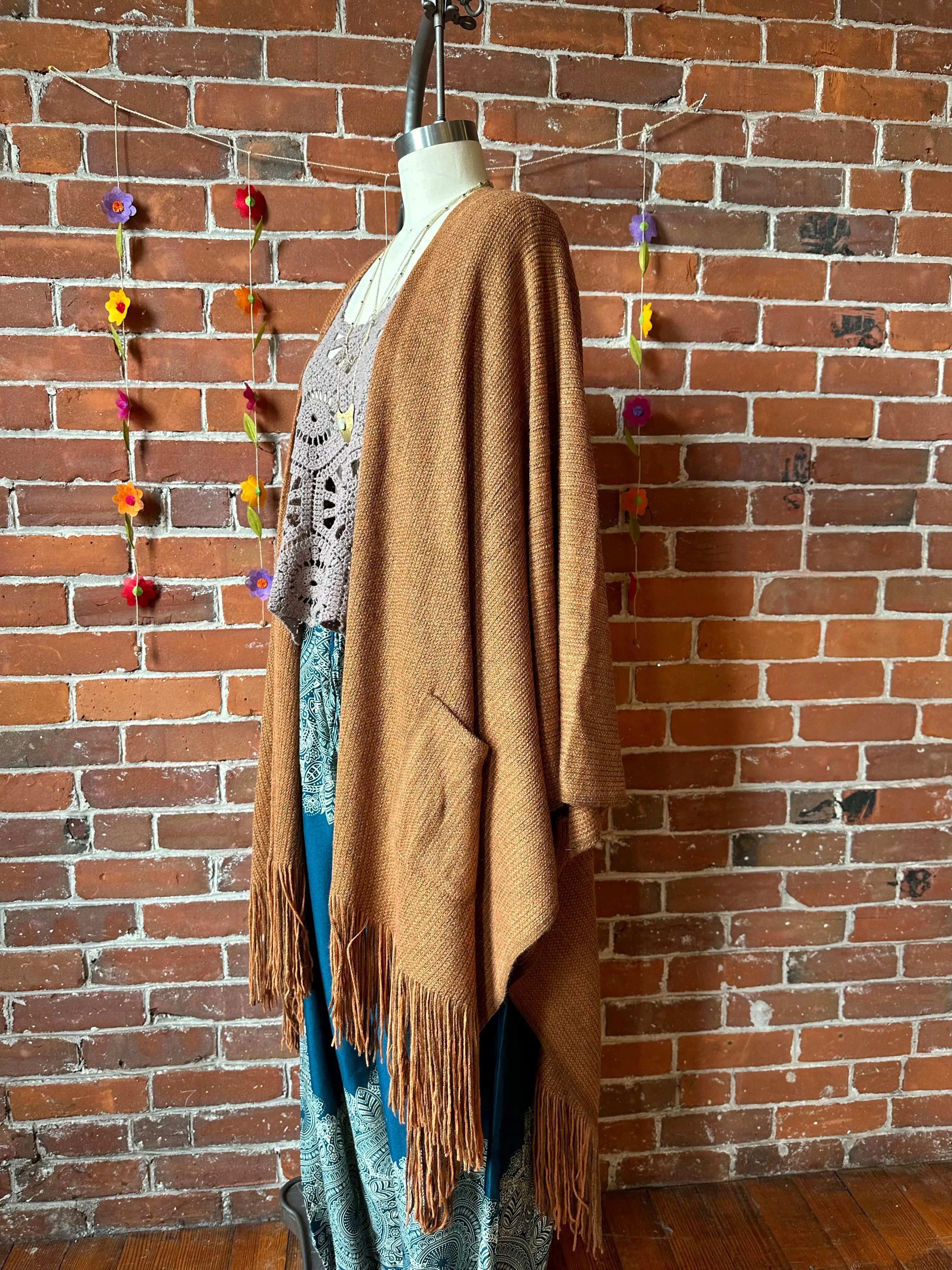 Earthy Mama Long Brown Fringe Poncho With Pockets