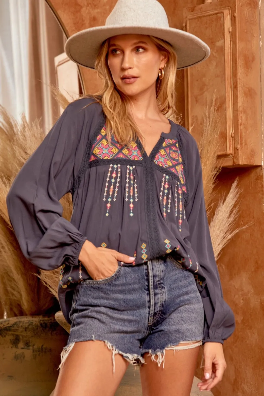 Embroidered Lace Blouse, Midnight