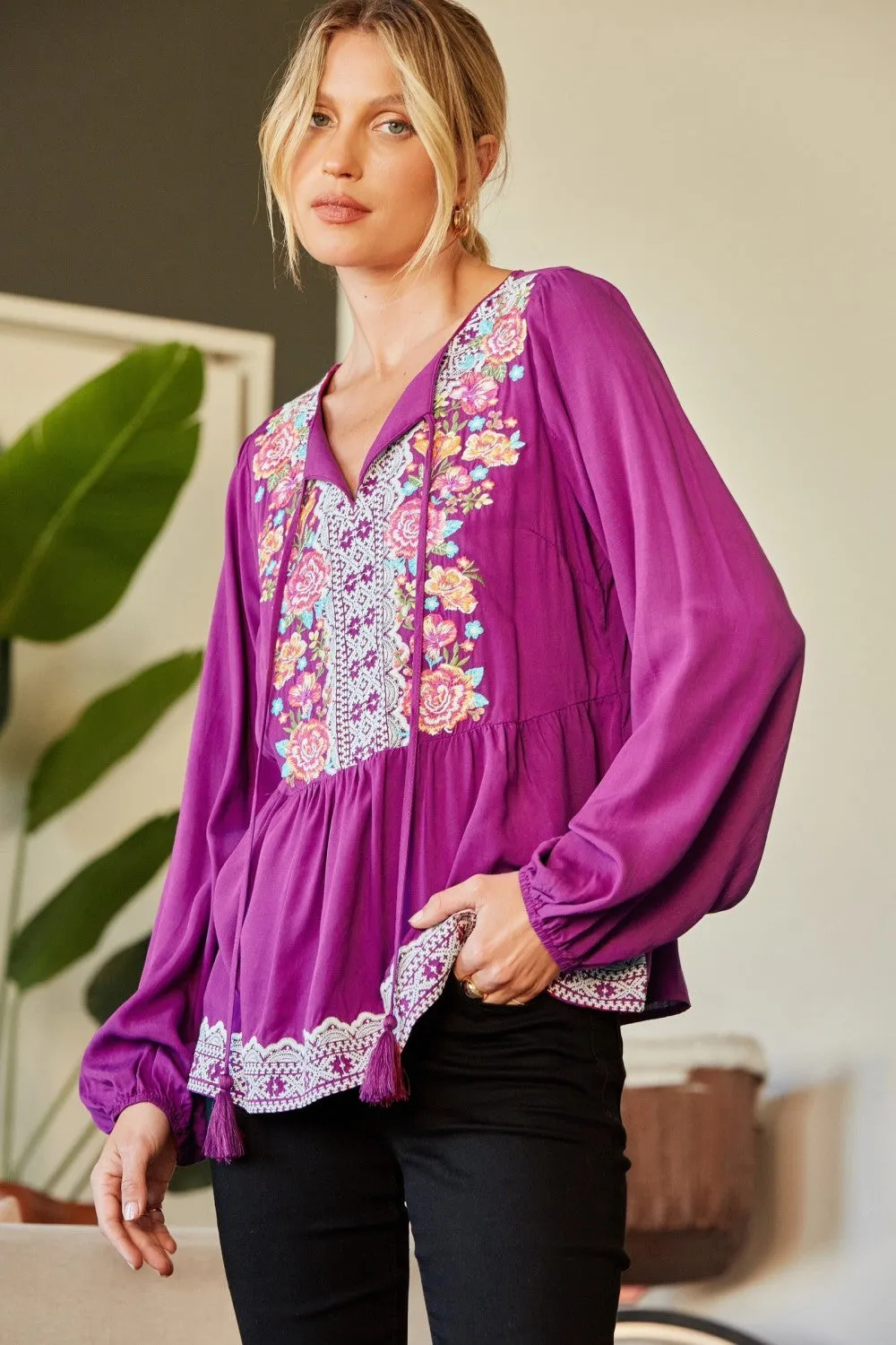Embroidered Peplum Blouse, Magenta