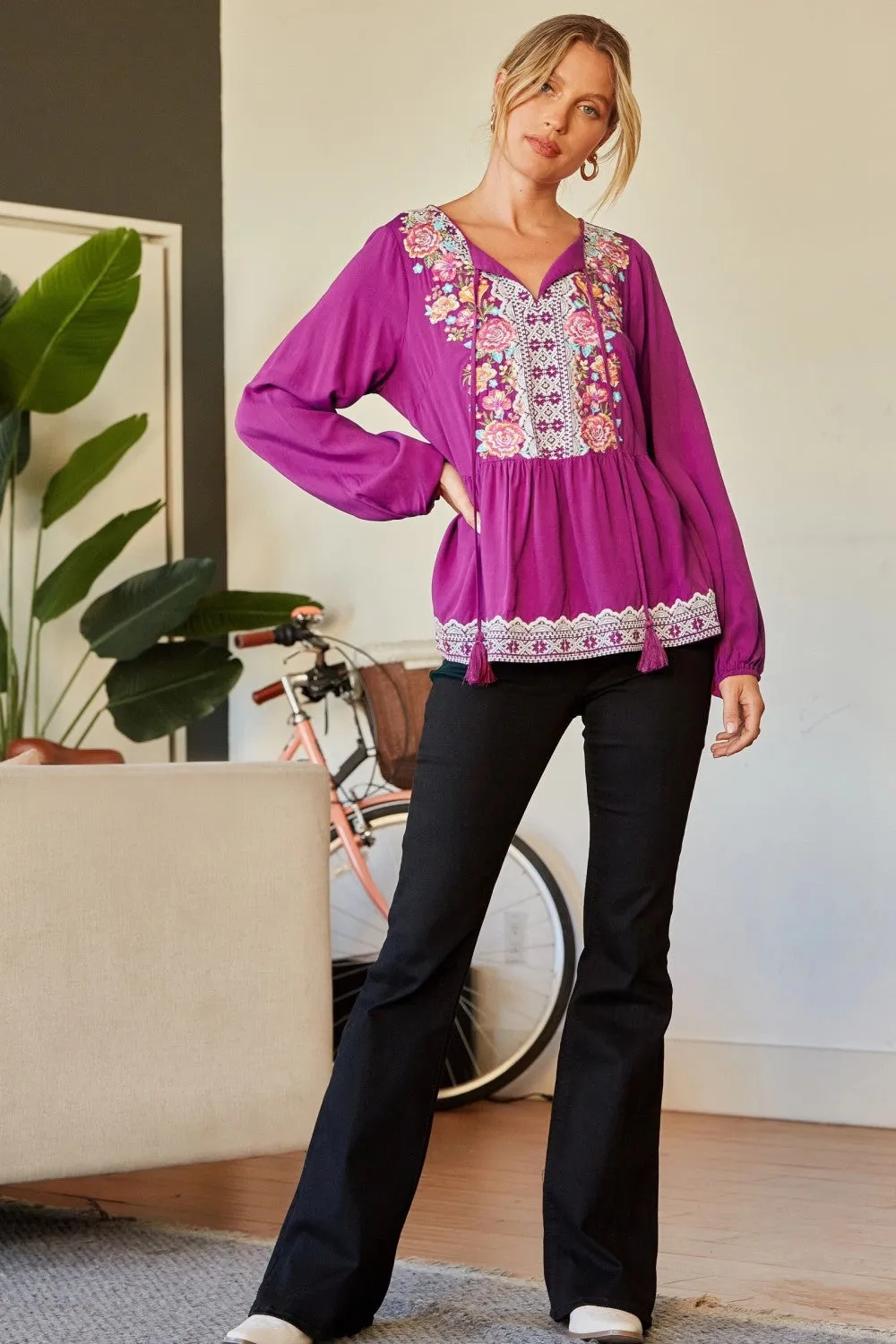 Embroidered Peplum Blouse, Magenta