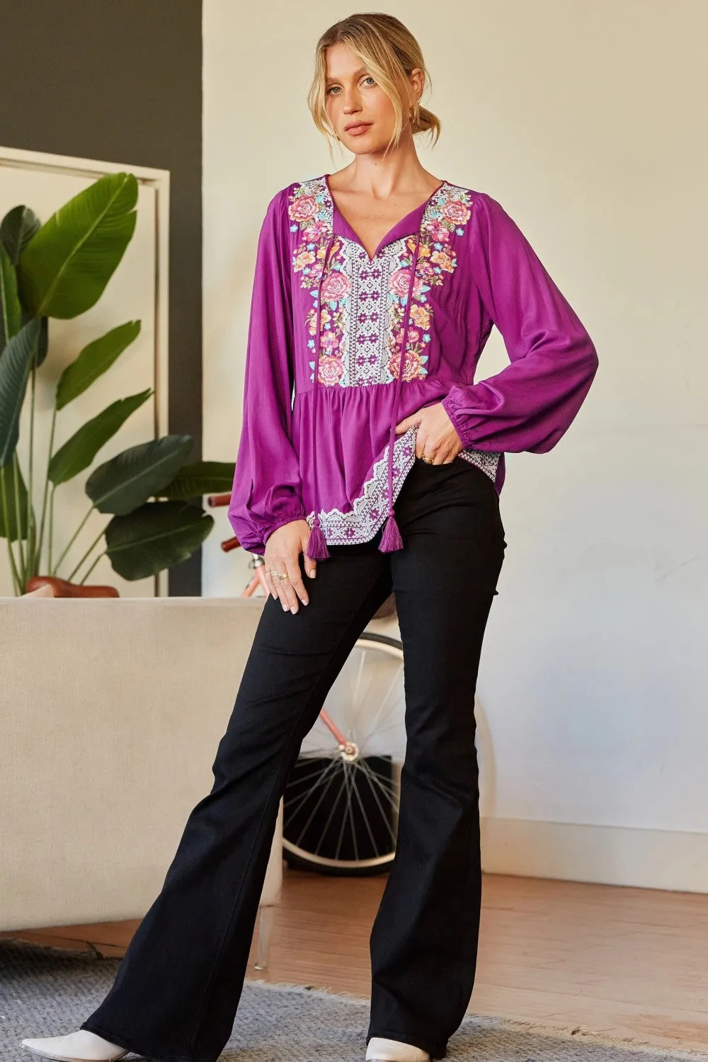 Embroidered Peplum Blouse, Magenta