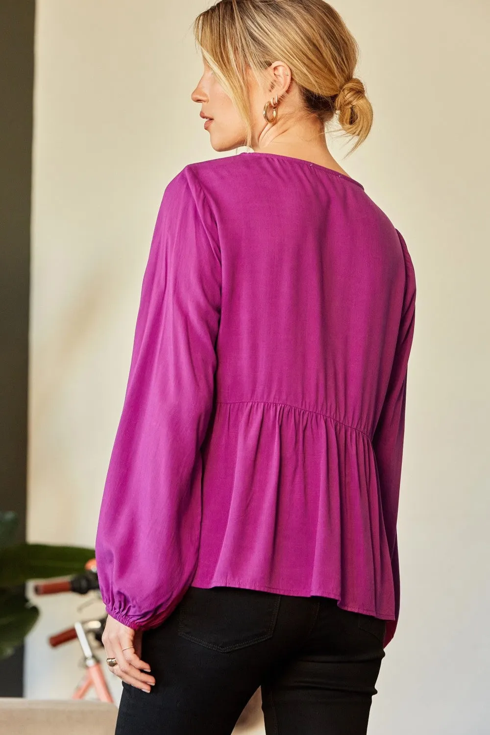 Embroidered Peplum Blouse, Magenta