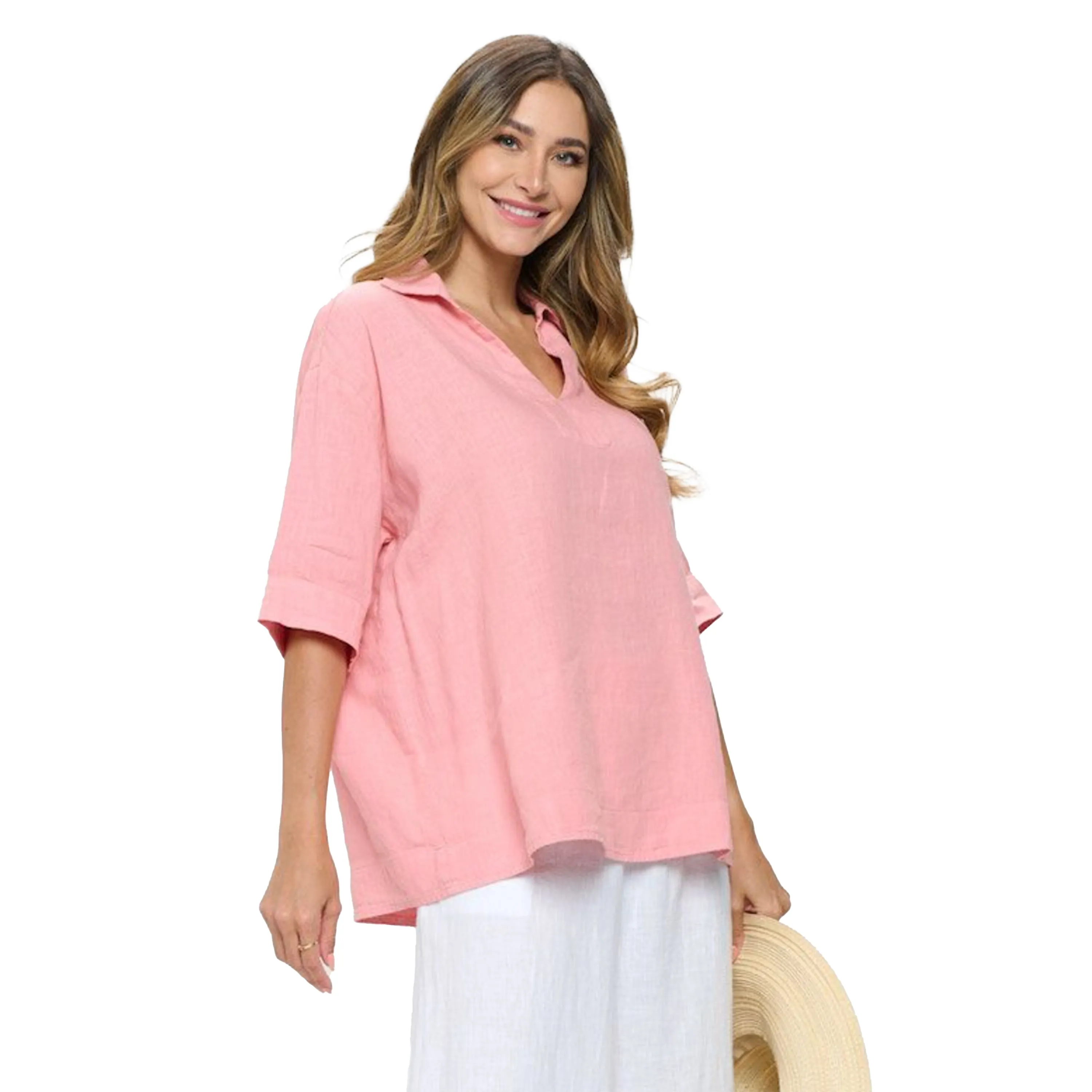 Focus Floral Collared V-Neck Linen Tunic Top in Pink Rose - L-657-PKR