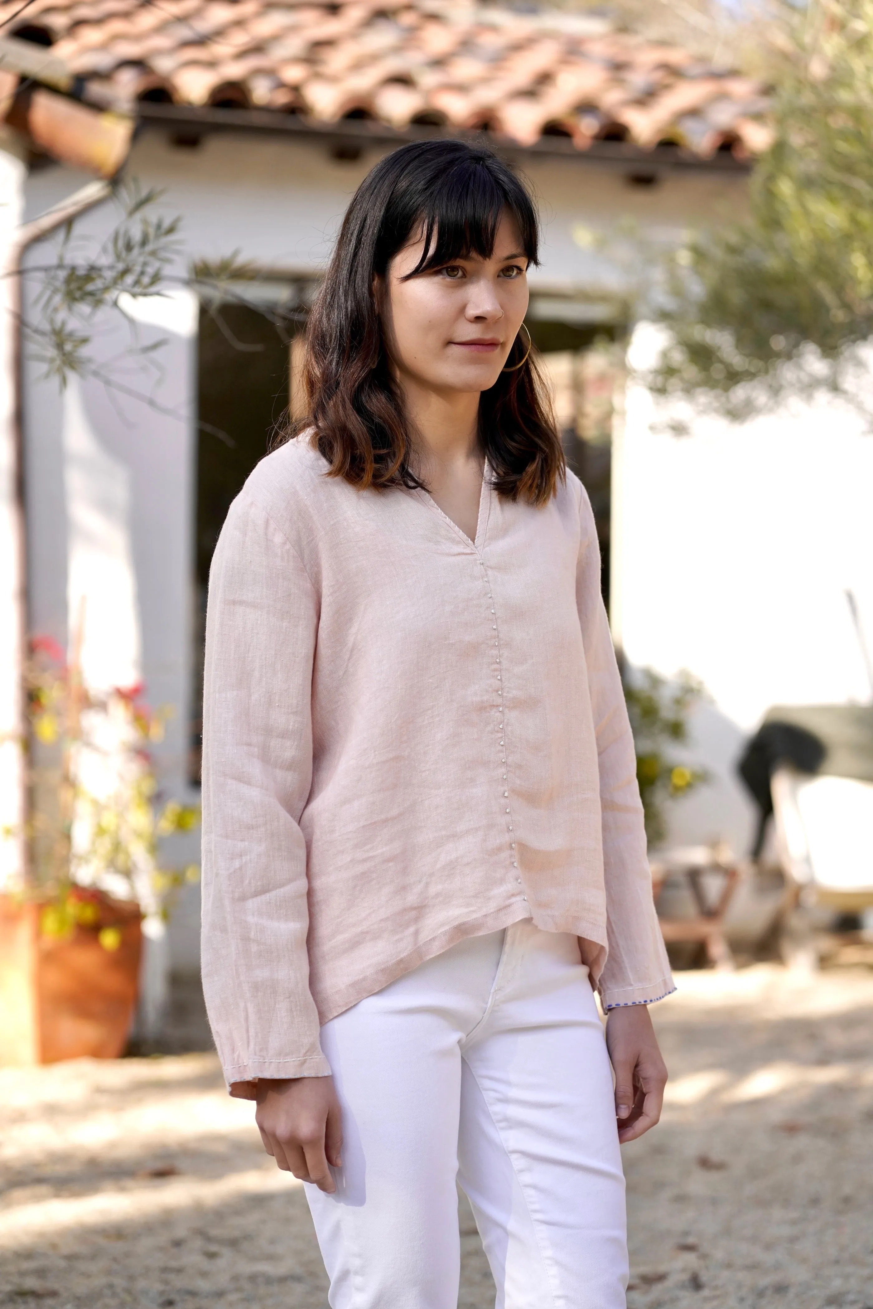 French Knot Linen Top Sky Blue