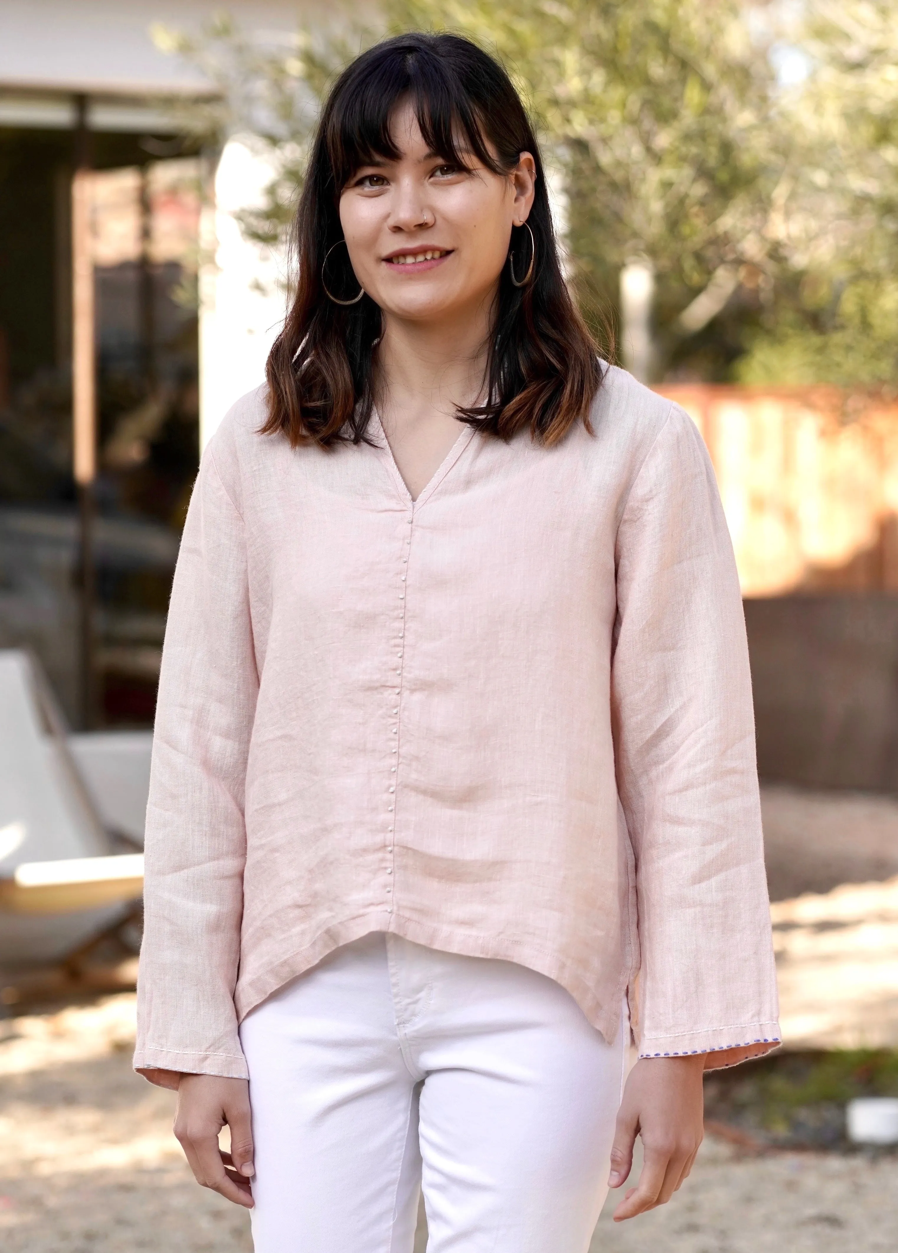 French Knot Linen Top Sky Blue