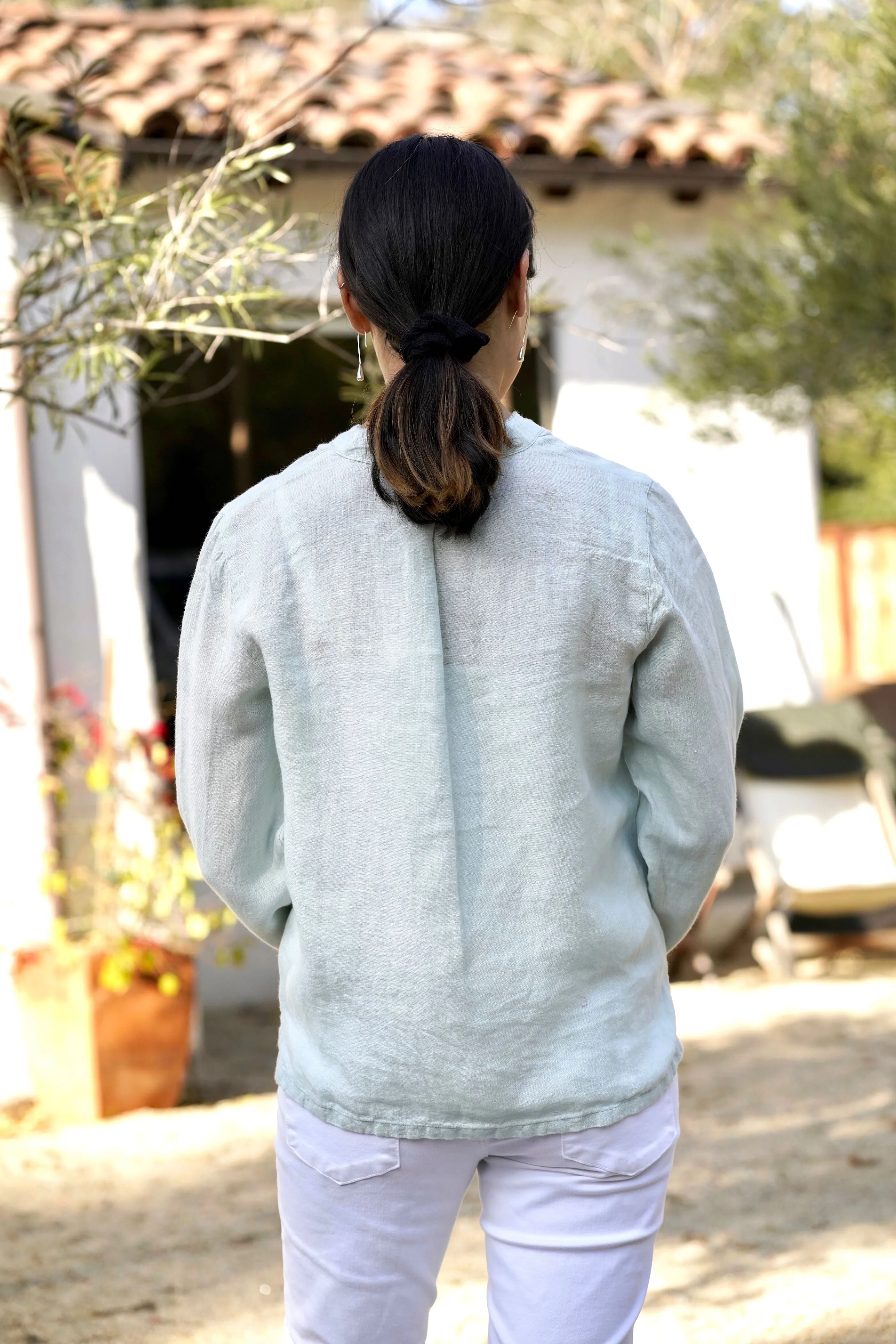 French Knot Linen Top Sky Blue