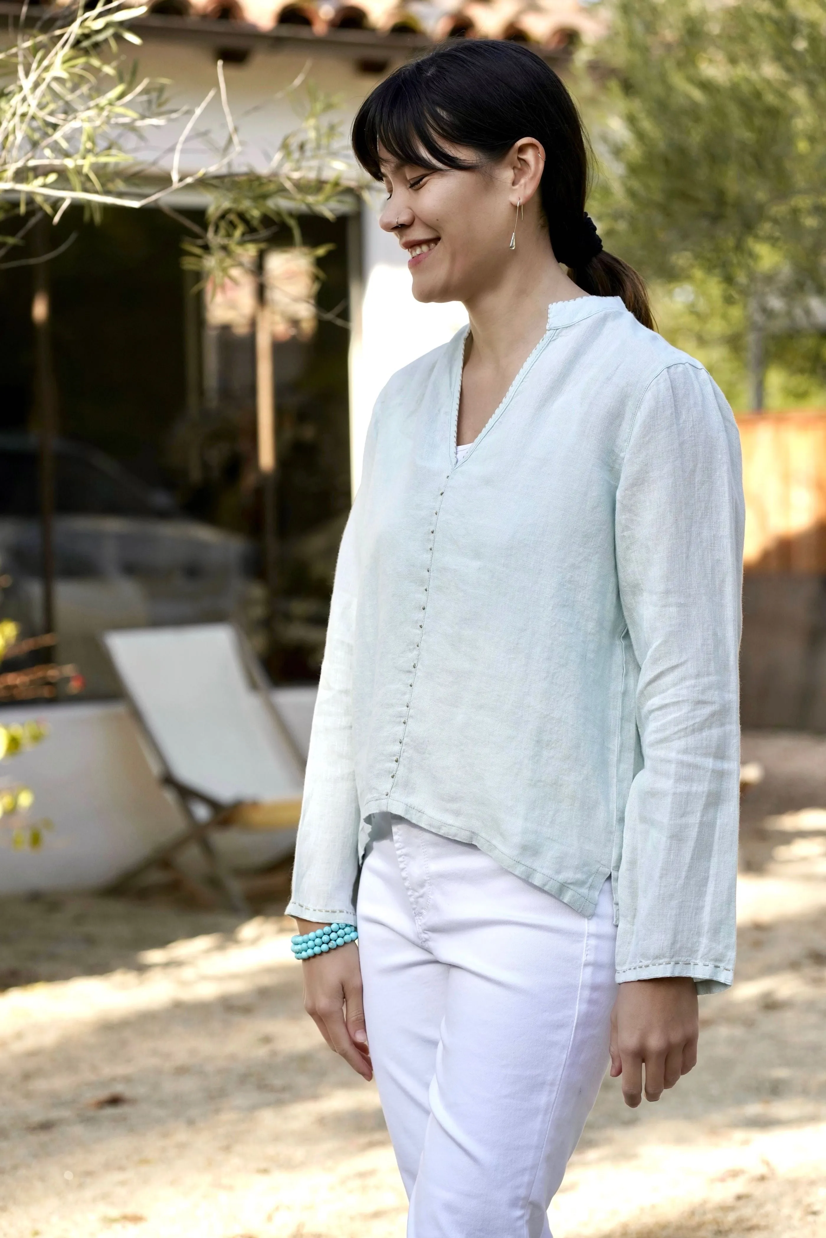 French Knot Linen Top Sky Blue
