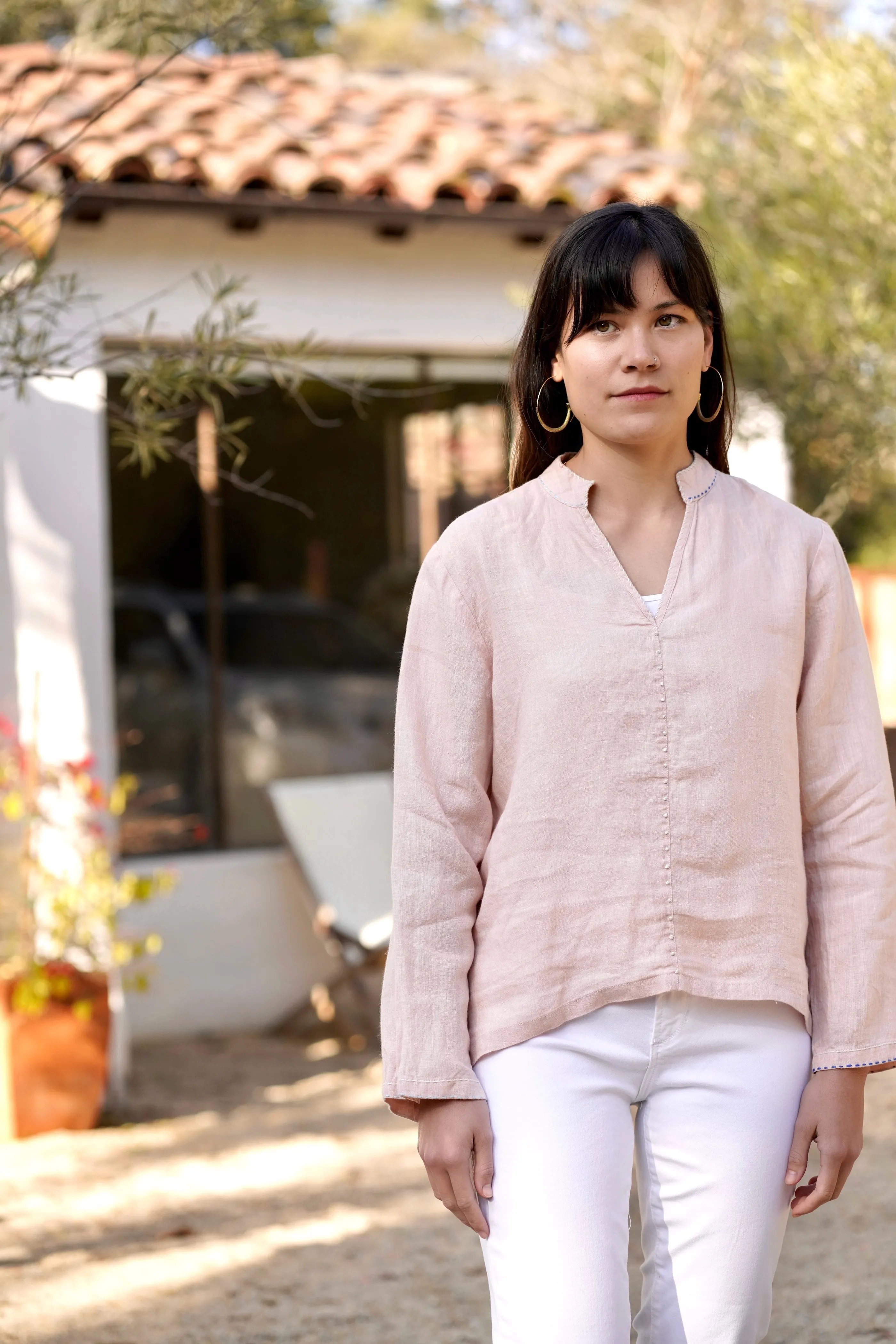 French Knot Linen Top Sky Blue