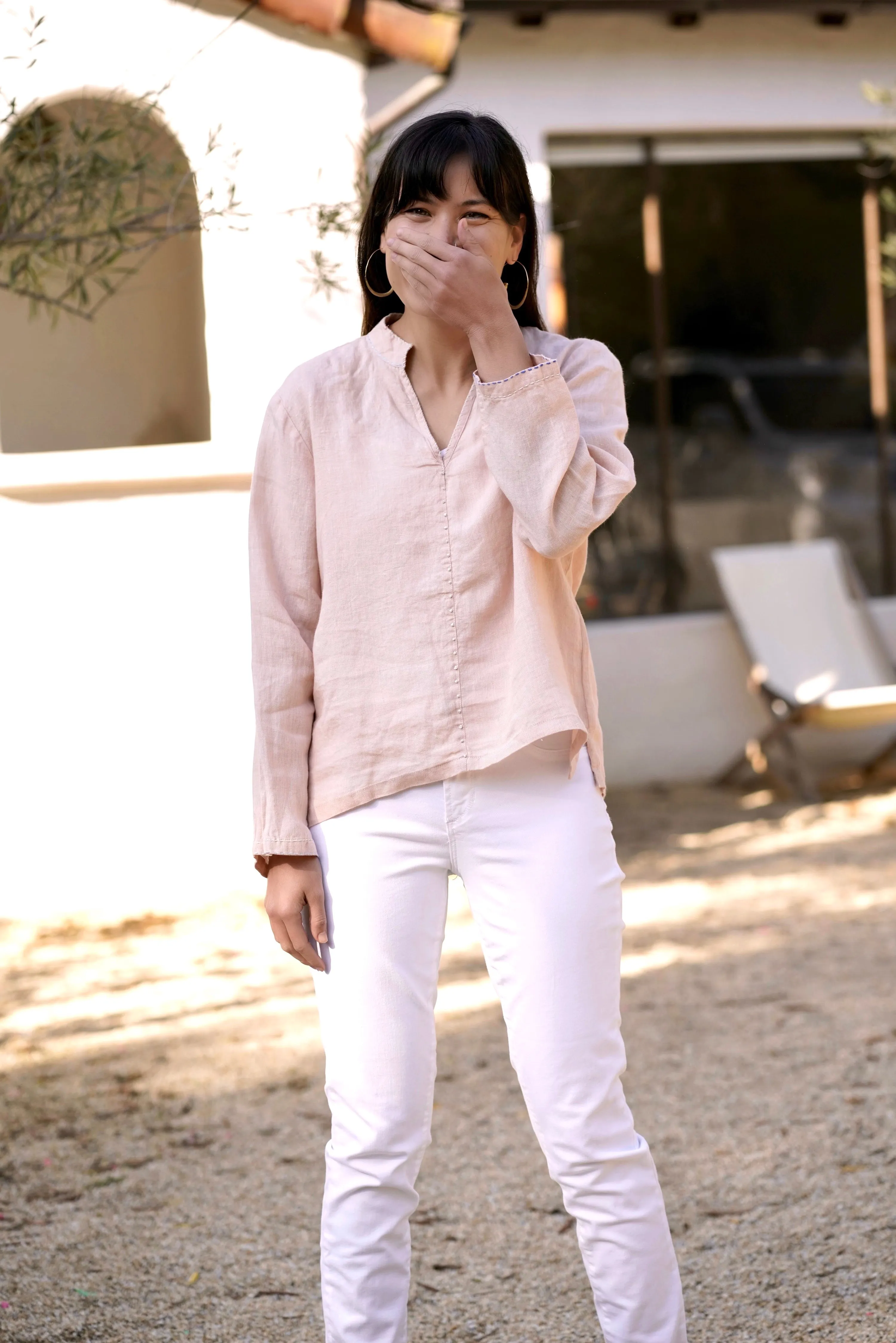 French Knot Linen Top Sky Blue