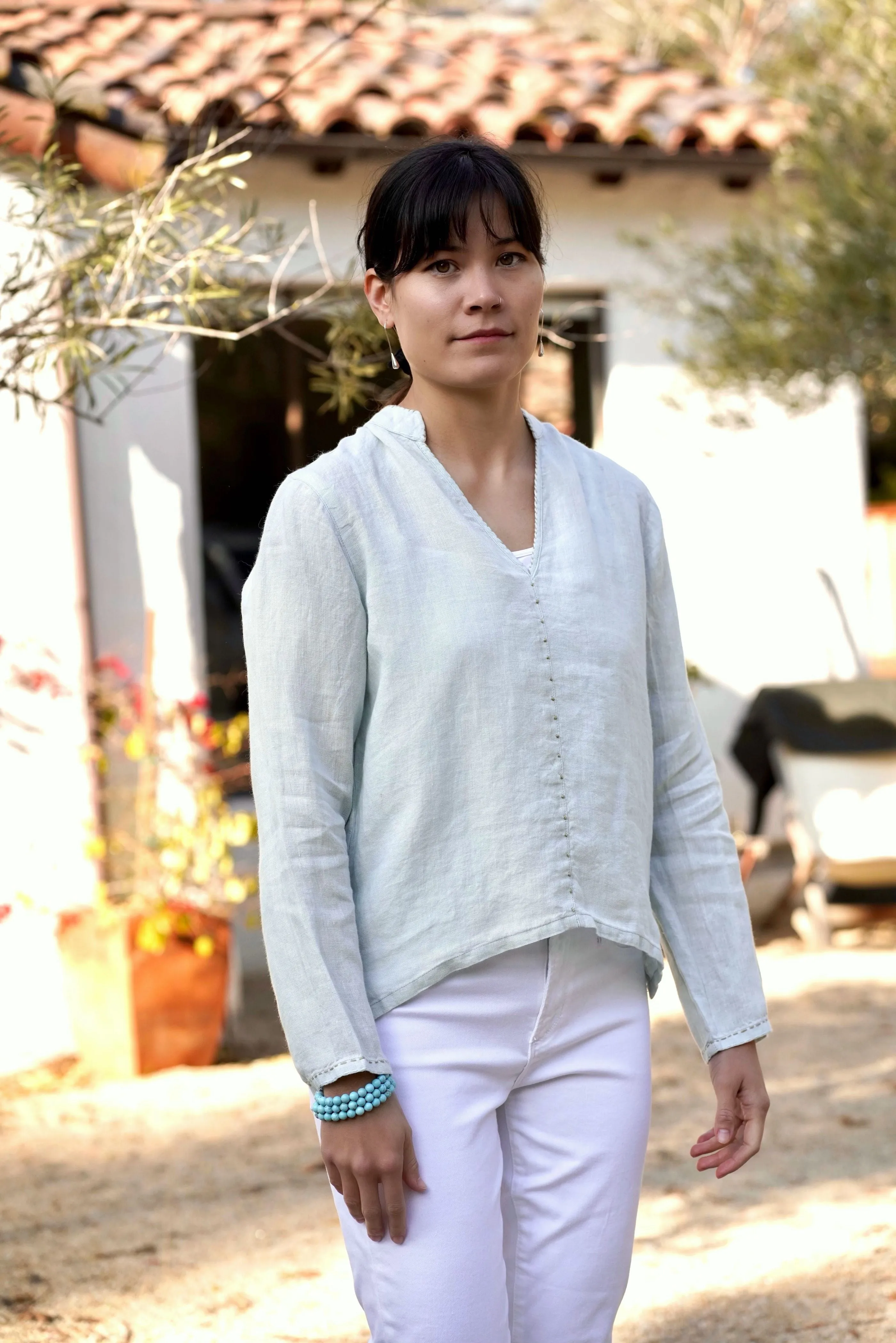 French Knot Linen Top Sky Blue