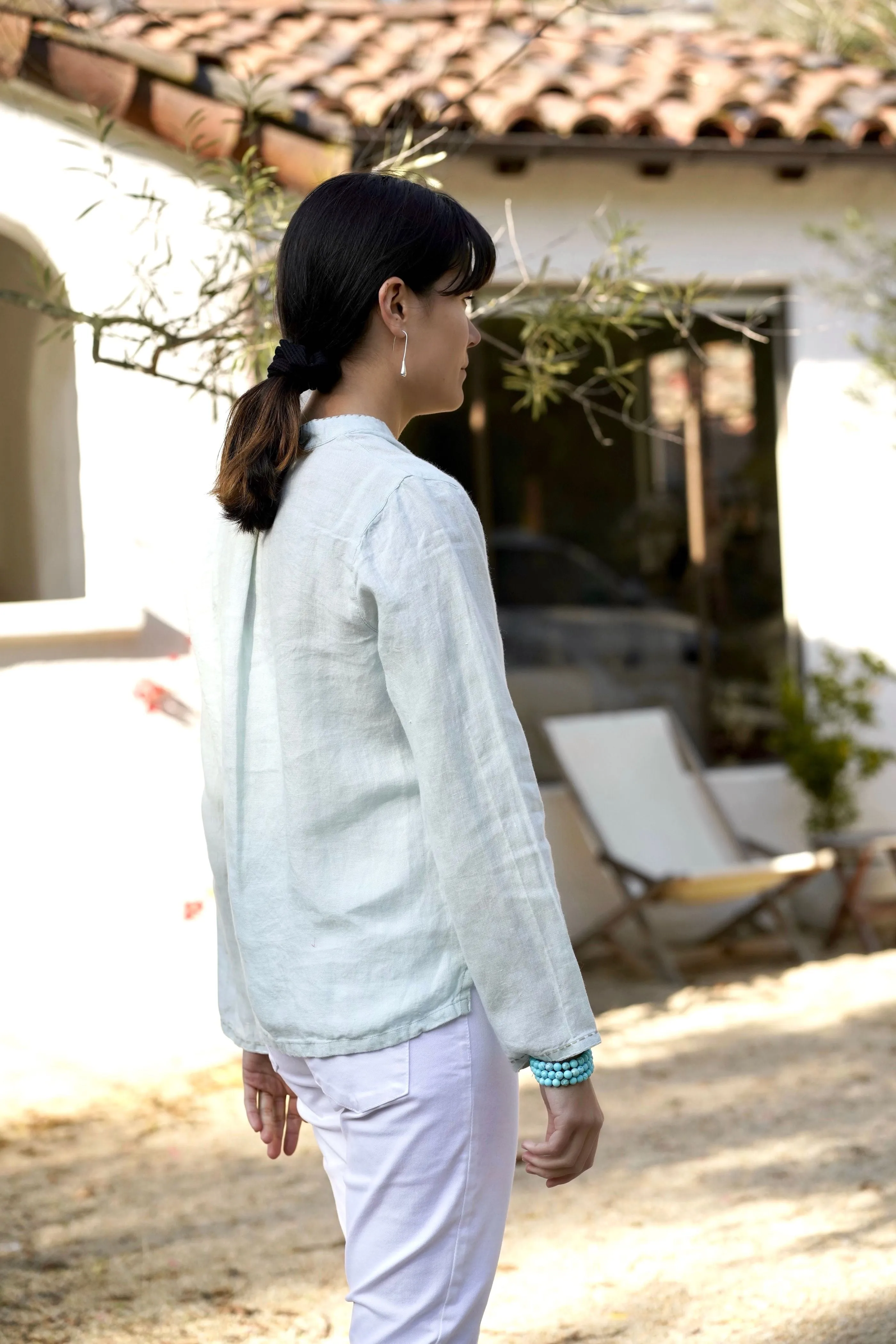 French Knot Linen Top Sky Blue