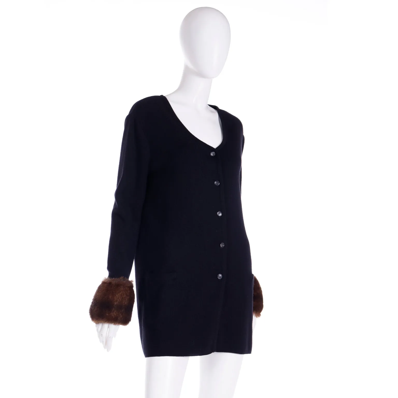 F/W 1993 Isaac Mizrahi Black Merino Wool Cardigan w/ Faux Fur Cuffs