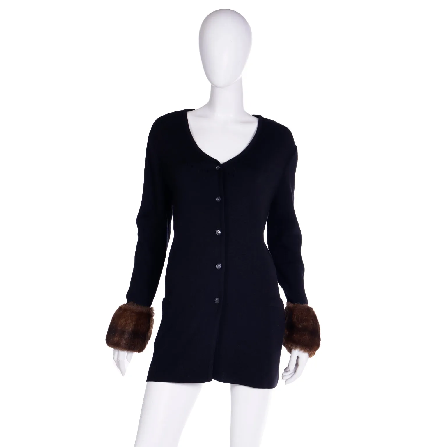 F/W 1993 Isaac Mizrahi Black Merino Wool Cardigan w/ Faux Fur Cuffs