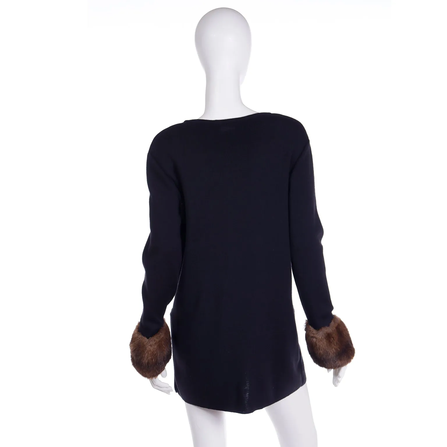 F/W 1993 Isaac Mizrahi Black Merino Wool Cardigan w/ Faux Fur Cuffs