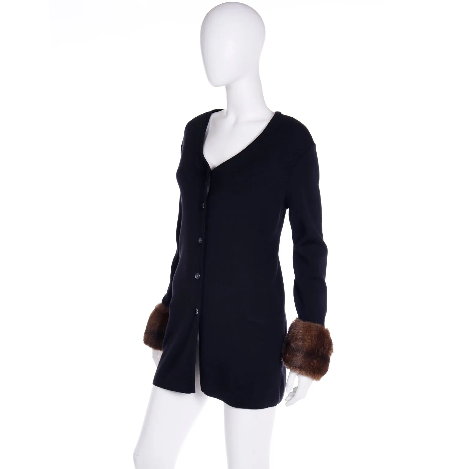 F/W 1993 Isaac Mizrahi Black Merino Wool Cardigan w/ Faux Fur Cuffs