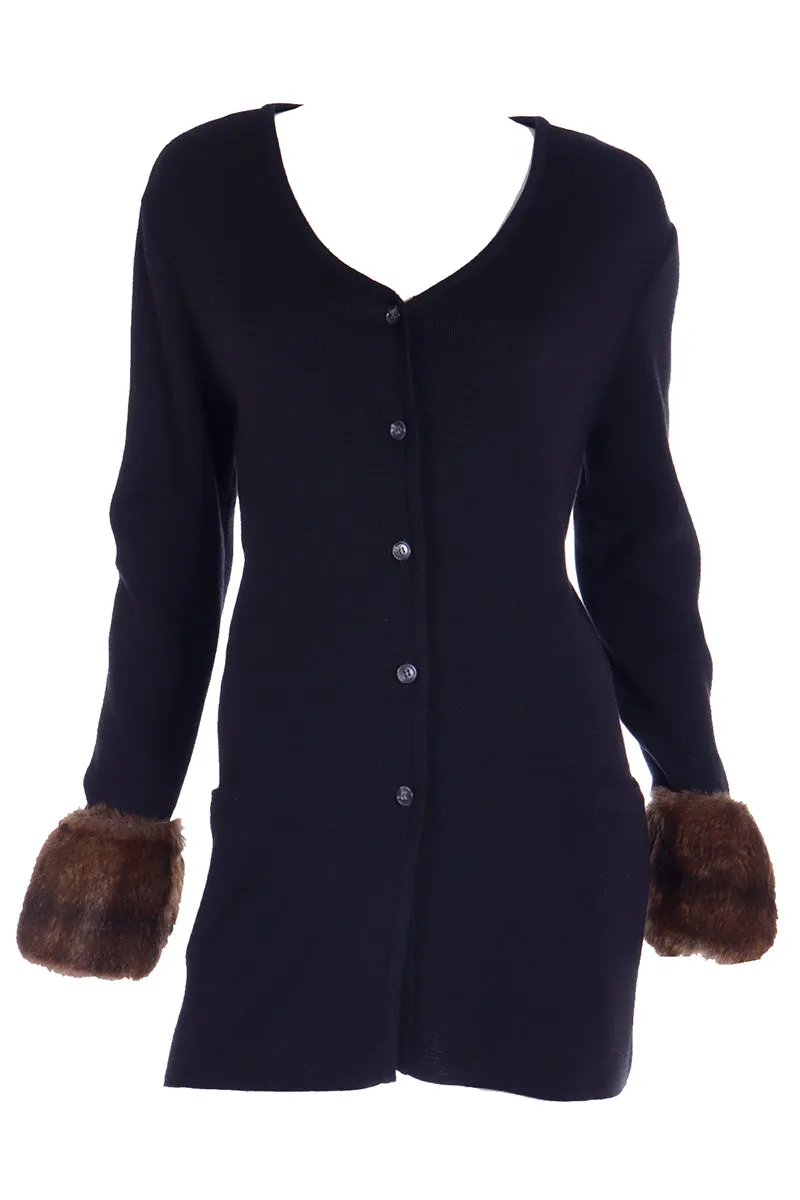 F/W 1993 Isaac Mizrahi Black Merino Wool Cardigan w/ Faux Fur Cuffs
