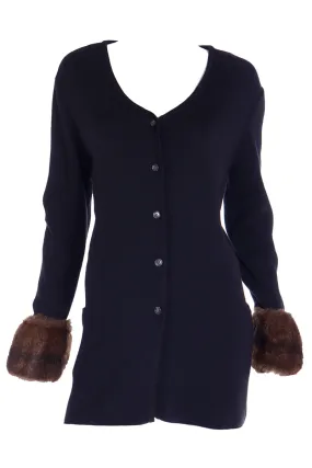 F/W 1993 Isaac Mizrahi Black Merino Wool Cardigan w/ Faux Fur Cuffs