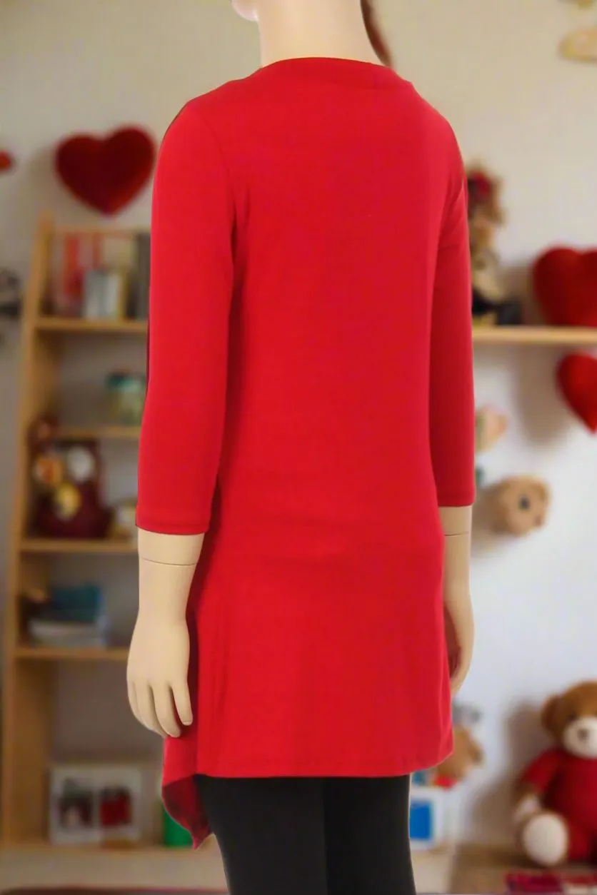 Girls High-Low Asymmetric Red Dress, Long Tunic Top, Sizes 6/8/10/12, Solid Red