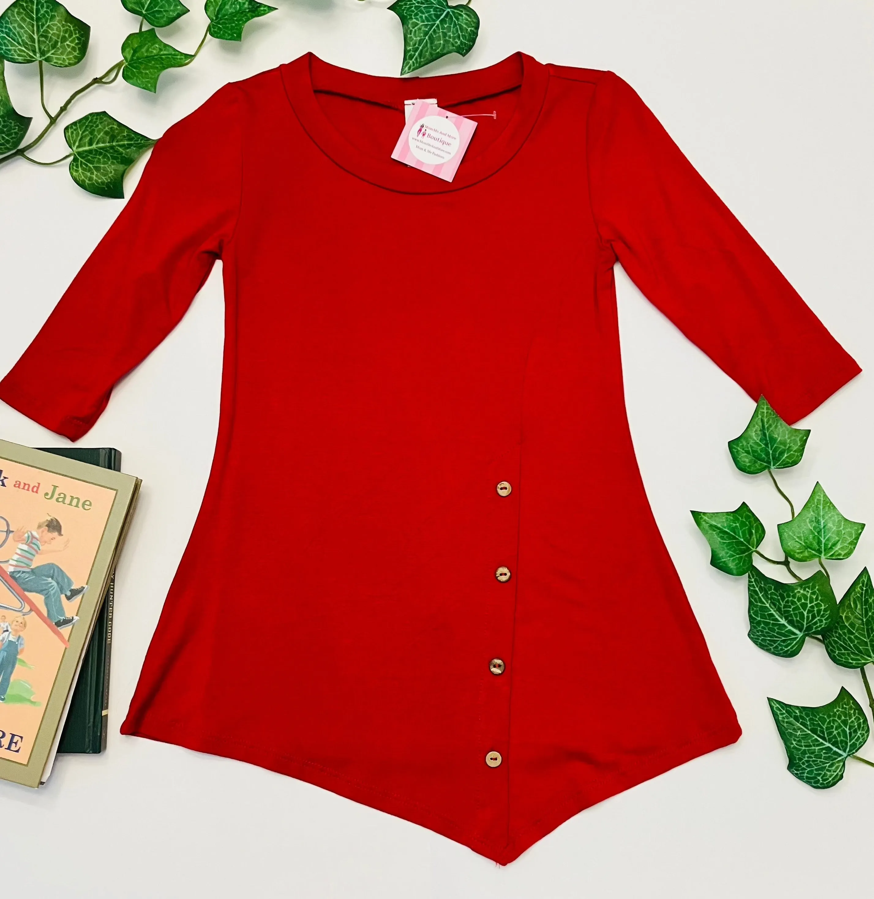 Girls High-Low Asymmetric Red Dress, Long Tunic Top, Sizes 6/8/10/12, Solid Red