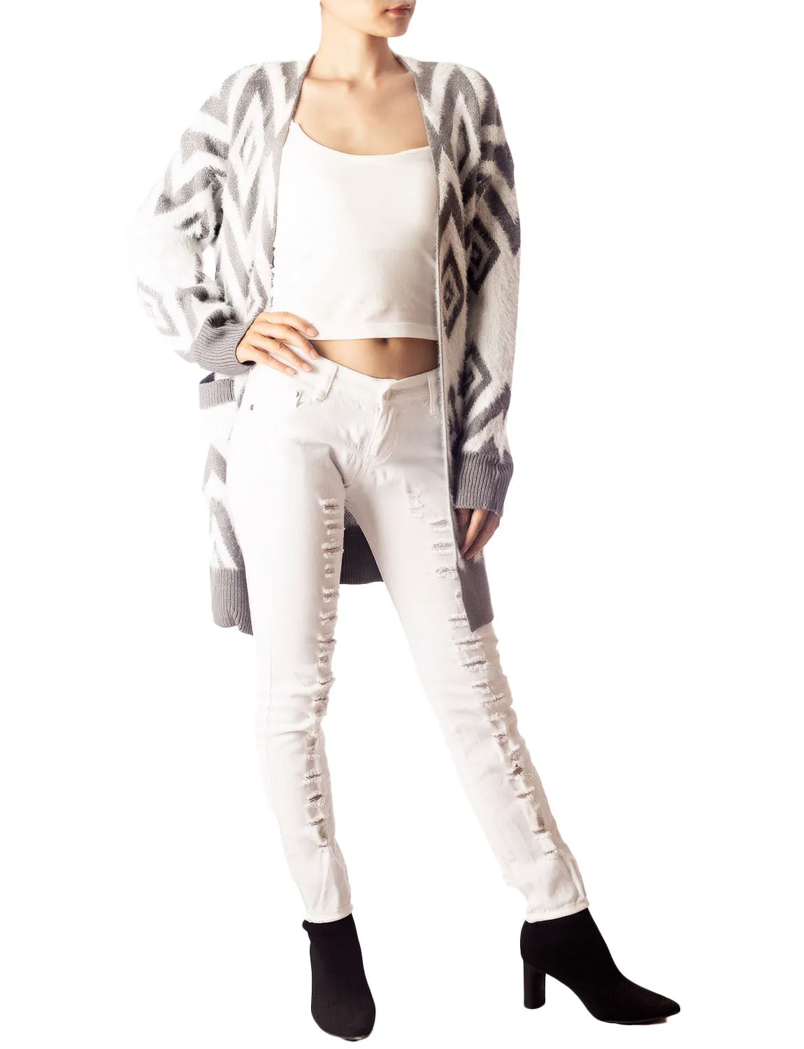 iB-iP Women's Patterned Sweater Loose Oversized Casual Long Sleeve Cardigan