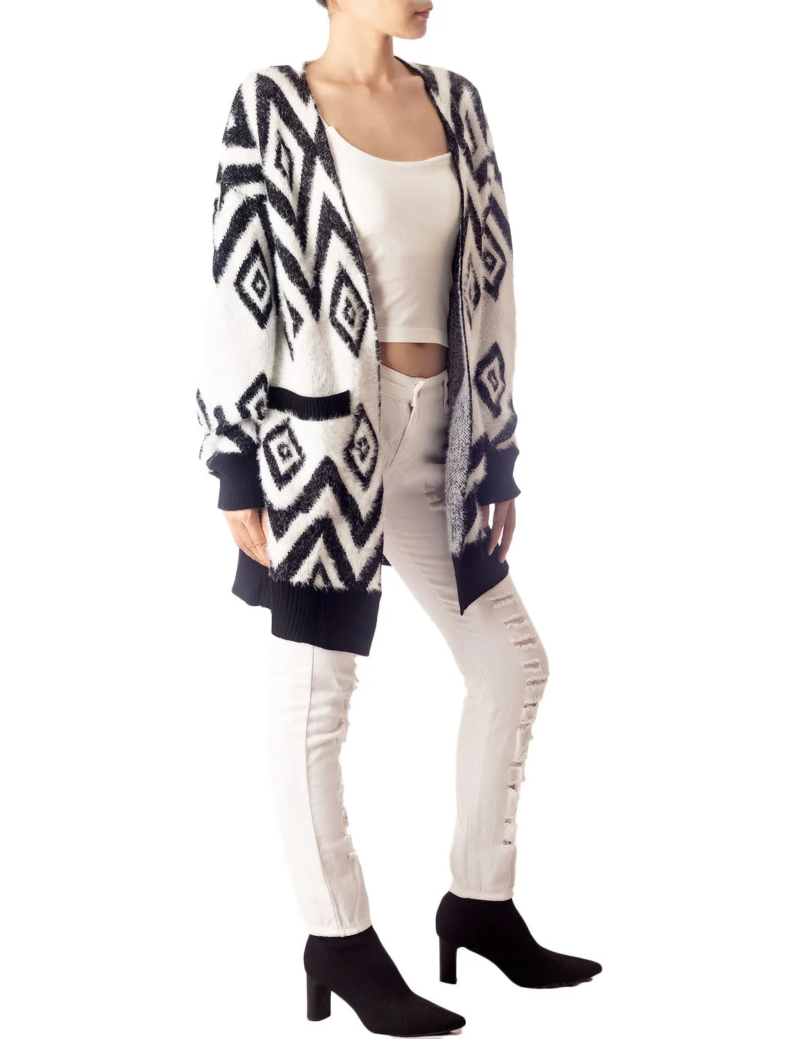 iB-iP Women's Patterned Sweater Loose Oversized Casual Long Sleeve Cardigan