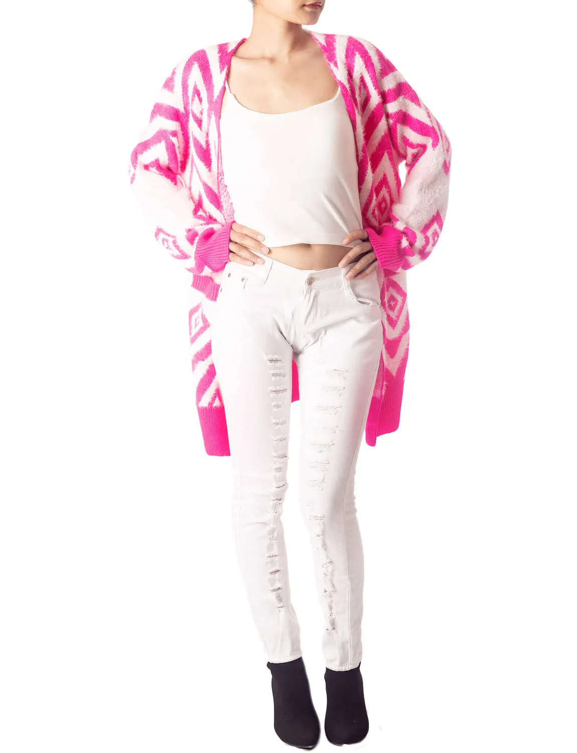 iB-iP Women's Patterned Sweater Loose Oversized Casual Long Sleeve Cardigan