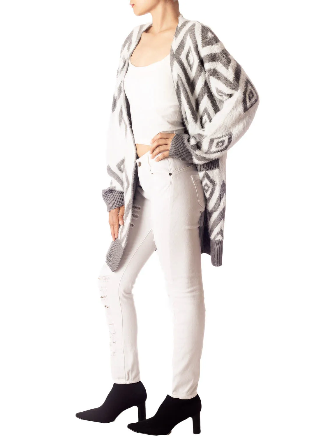 iB-iP Women's Patterned Sweater Loose Oversized Casual Long Sleeve Cardigan