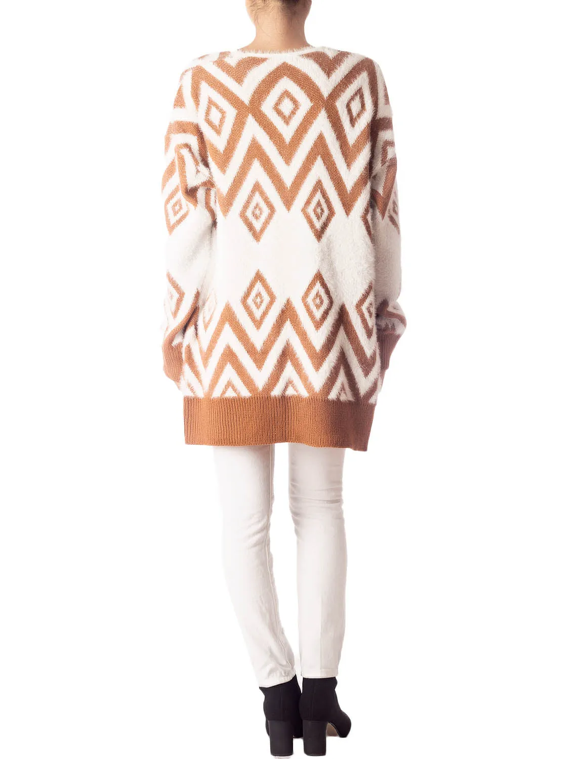 iB-iP Women's Patterned Sweater Loose Oversized Casual Long Sleeve Cardigan
