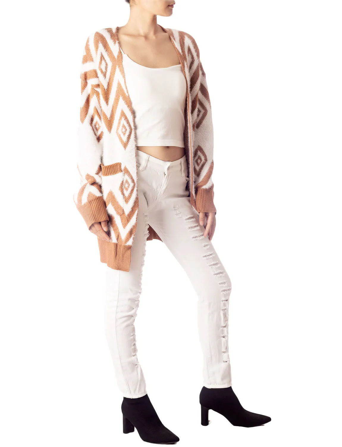 iB-iP Women's Patterned Sweater Loose Oversized Casual Long Sleeve Cardigan