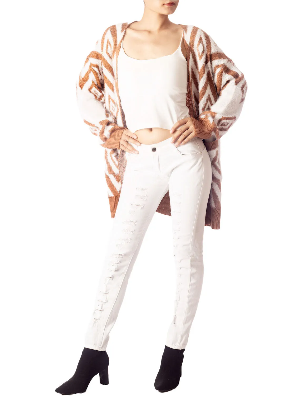iB-iP Women's Patterned Sweater Loose Oversized Casual Long Sleeve Cardigan