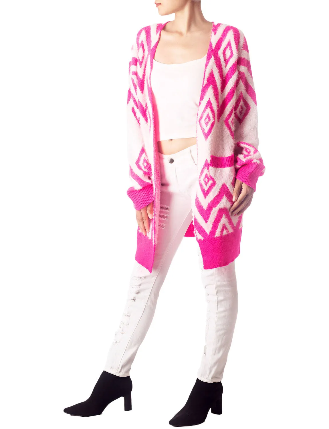 iB-iP Women's Patterned Sweater Loose Oversized Casual Long Sleeve Cardigan