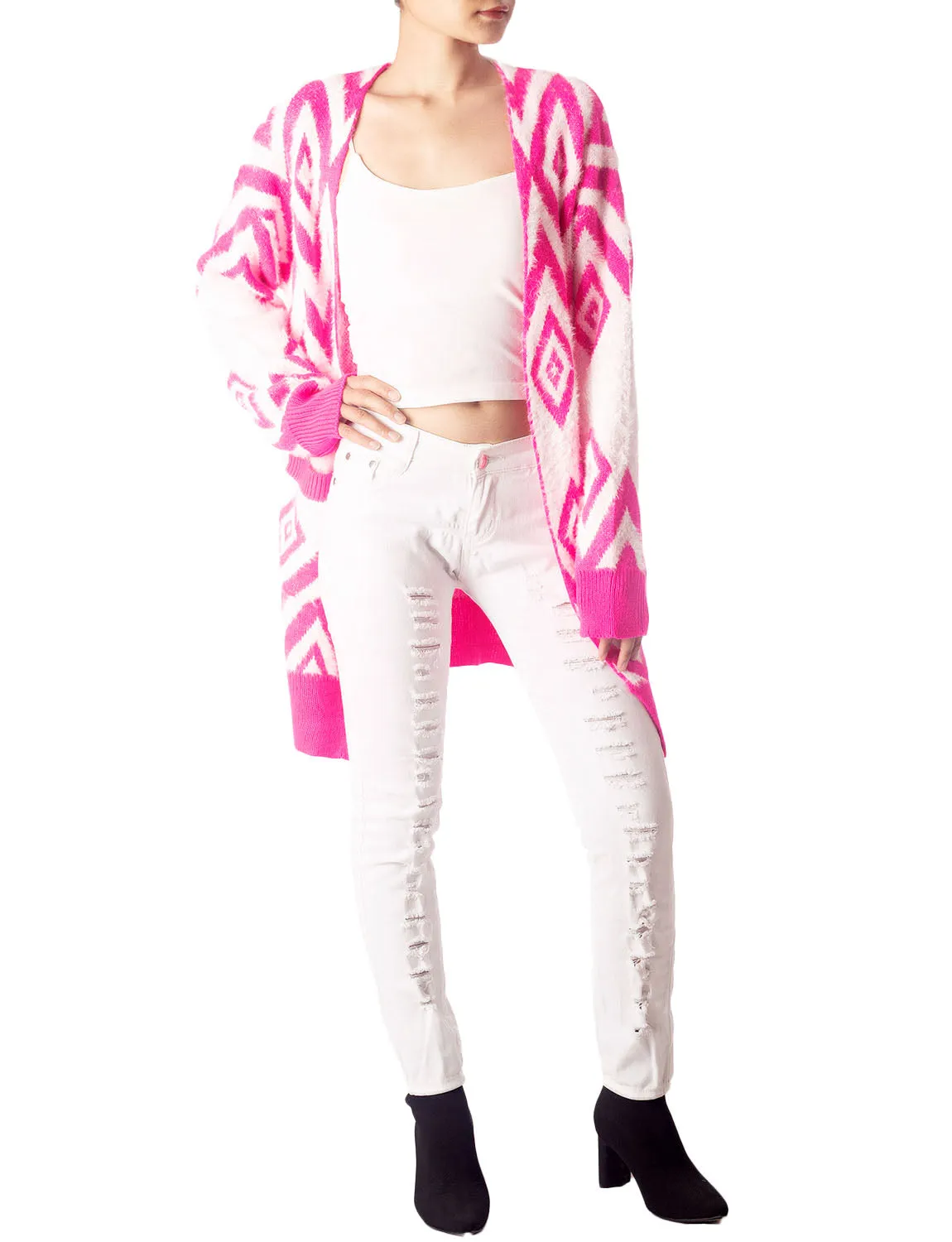 iB-iP Women's Patterned Sweater Loose Oversized Casual Long Sleeve Cardigan