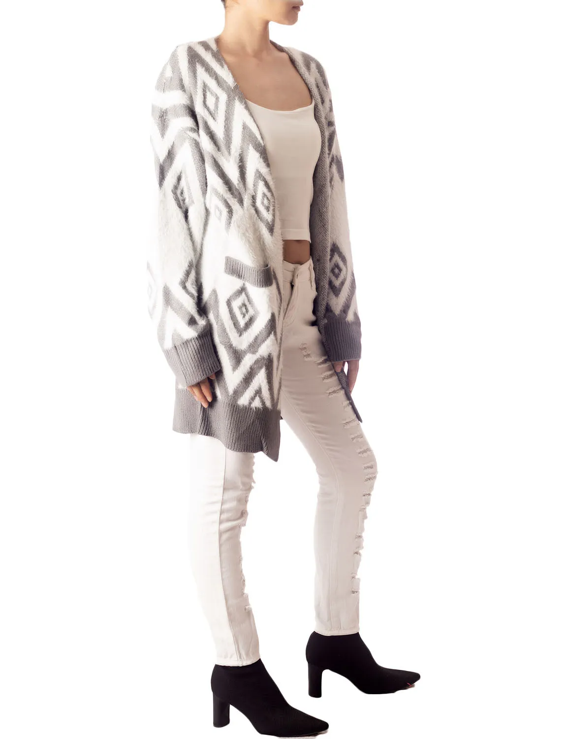 iB-iP Women's Patterned Sweater Loose Oversized Casual Long Sleeve Cardigan