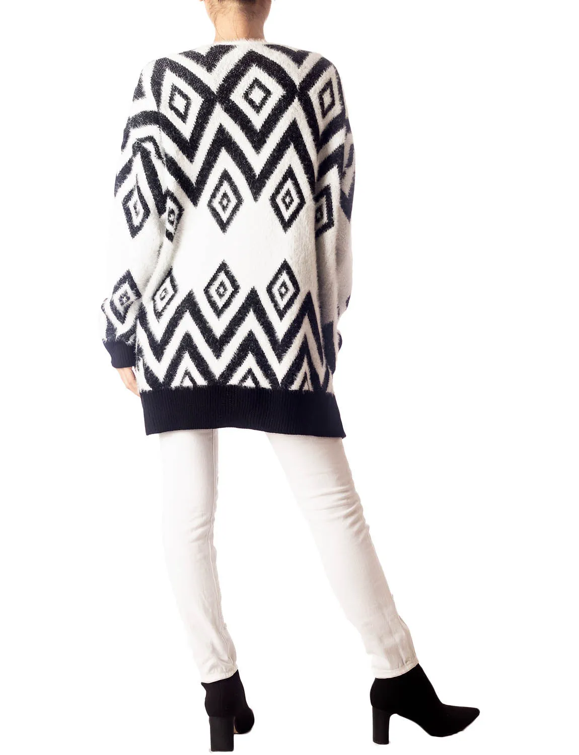 iB-iP Women's Patterned Sweater Loose Oversized Casual Long Sleeve Cardigan