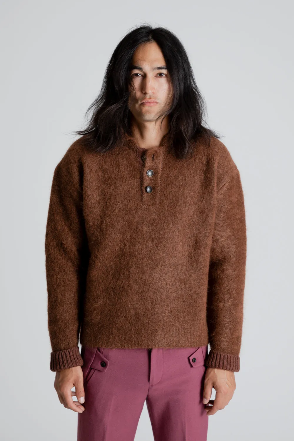 Knitted Chatteris Brushed Polo Sweater - Brown