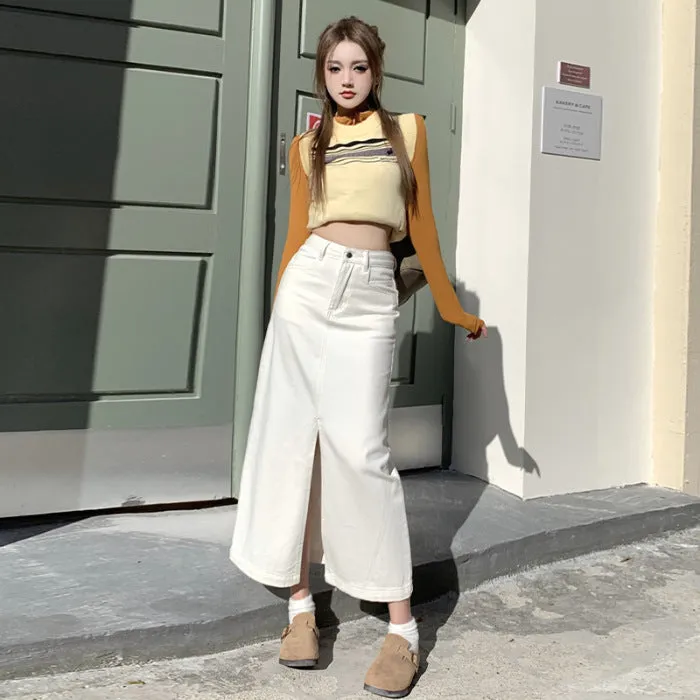 Lanfubeisi outfit Creamy-white Front Slit Denim Skirt Women's Early Spring High Waist Loose A- line Mid-Length Hip Skirt