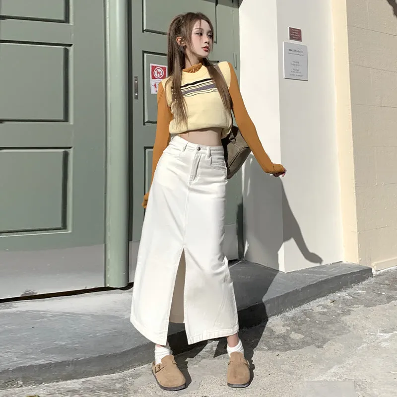 Lanfubeisi outfit Creamy-white Front Slit Denim Skirt Women's Early Spring High Waist Loose A- line Mid-Length Hip Skirt