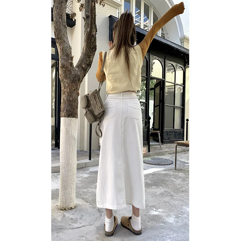Lanfubeisi outfit Creamy-white Front Slit Denim Skirt Women's Early Spring High Waist Loose A- line Mid-Length Hip Skirt