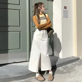 Lanfubeisi outfit Creamy-white Front Slit Denim Skirt Women's Early Spring High Waist Loose A- line Mid-Length Hip Skirt