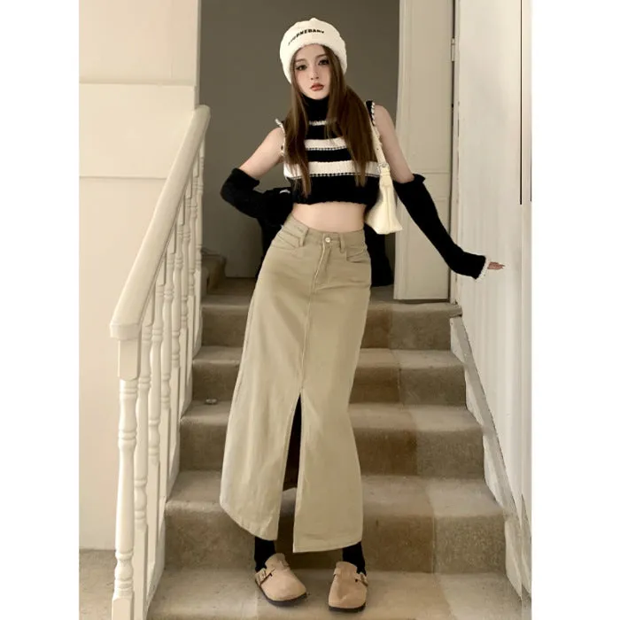 Lanfubeisi outfit Creamy-white Front Slit Denim Skirt Women's Early Spring High Waist Loose A- line Mid-Length Hip Skirt