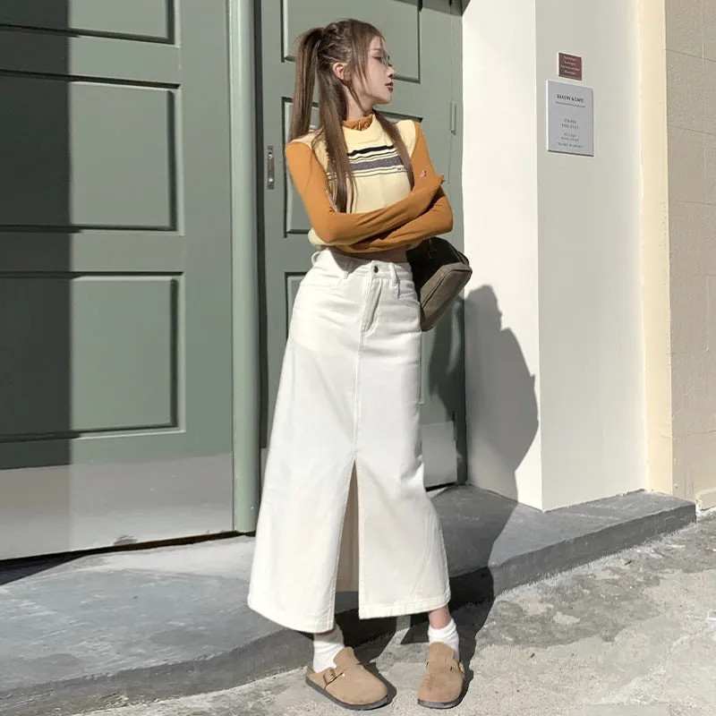 Lanfubeisi outfit Creamy-white Front Slit Denim Skirt Women's Early Spring High Waist Loose A- line Mid-Length Hip Skirt